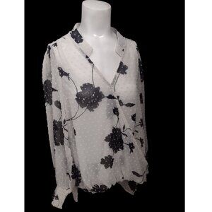Olivia Grey Swiss Dot Sheer Floral Top Size L Hi Lo Hem Flowy Cottagecore Office
